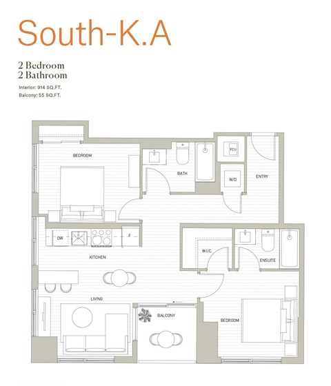 Floor plan for 2 beds, 2 baths, 913 sqft